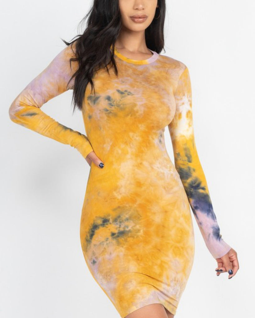 Tie-Dye Long Sleeve Bodycon Dress Mustard Blue / S